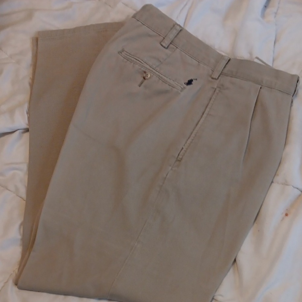 Polo Ralph Lauren Ethan Pant Mens 36x32 Tan Pleated Khaki Chino Trousers Cotton